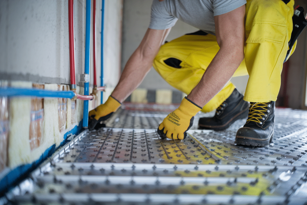 hite flexible heating pipes are arranged in neat, curved loops across the floor, secured with dark fasteners.