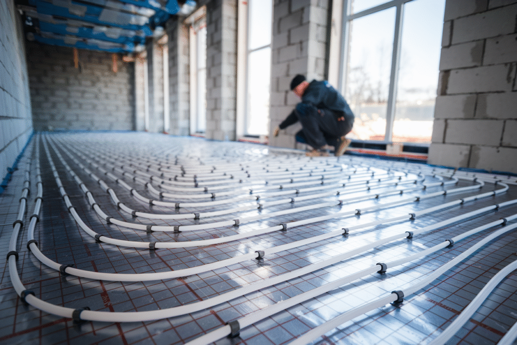 Underfloor heating installation in a room under construction