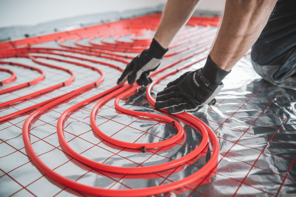 An engineer laying down bright red hose for underfloor heating
