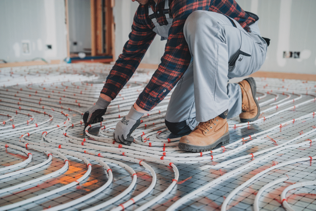 A underfloor heating engineer installing an underfloor heating system