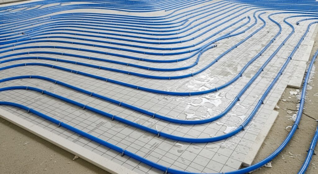 Blue underfloor heating pipes
