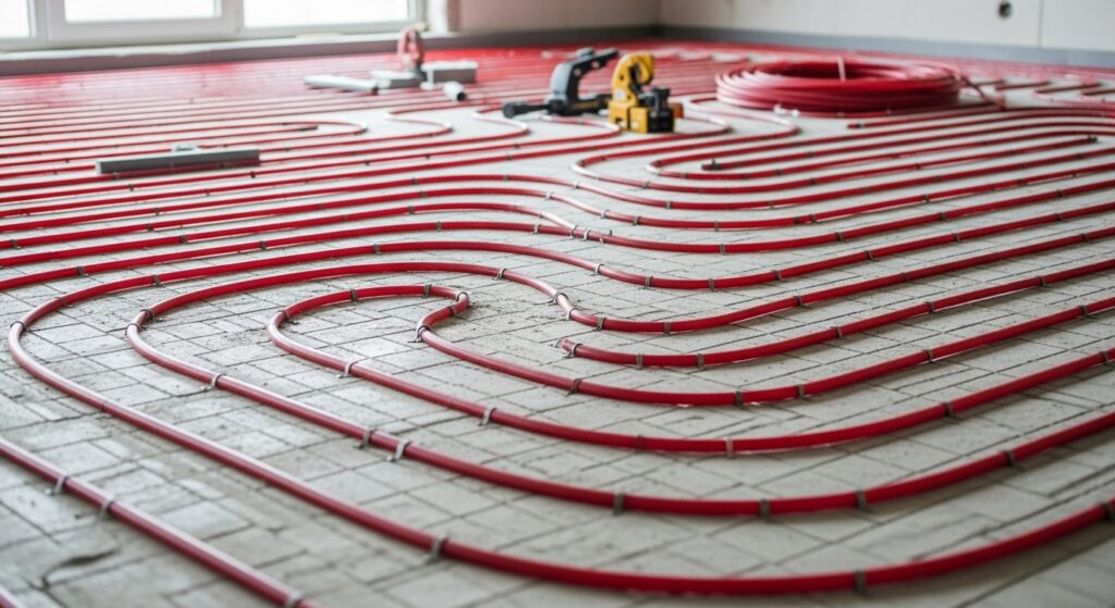 Red underfloor heating pipes on floor