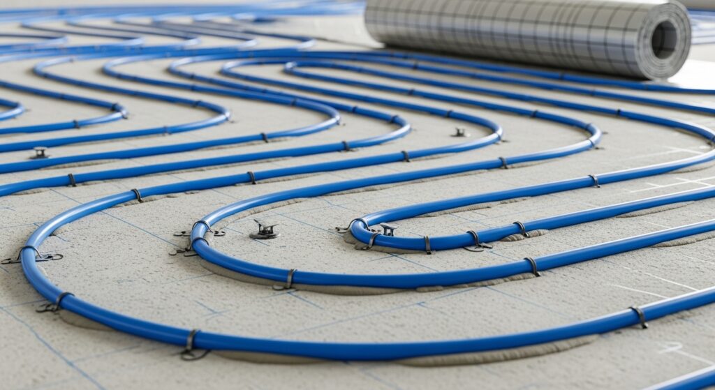 Blue underfloor heating pipes