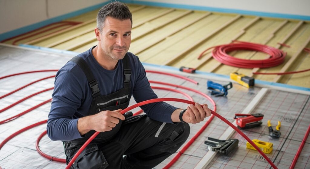 A technician smiling while holding an underfloor heating pipe
