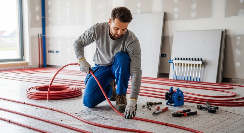 A man installing underfloor heating pipes