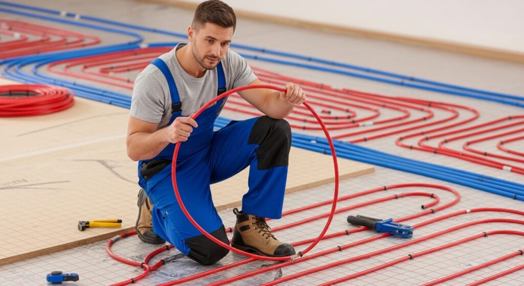 A man holding an underfloor heating pipe
