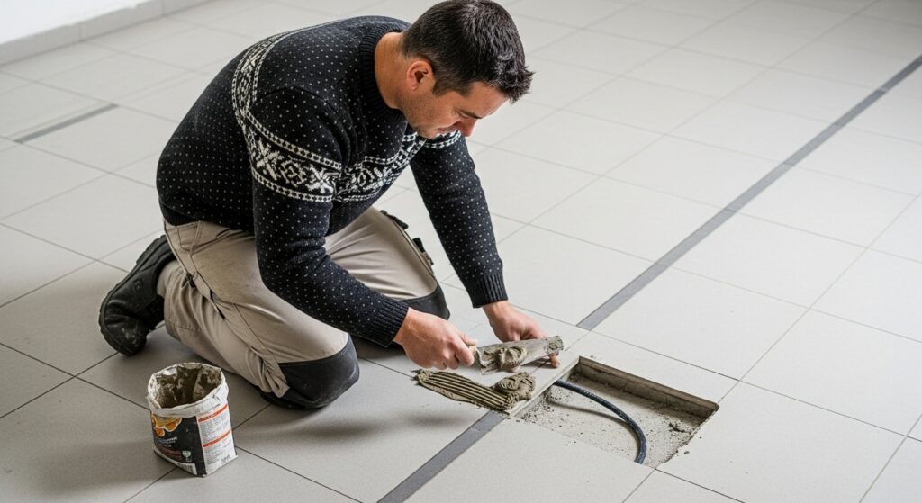 A man wearing a dark patterned sweater, beige pants, and black shoes is kneeling on a tiled floor.