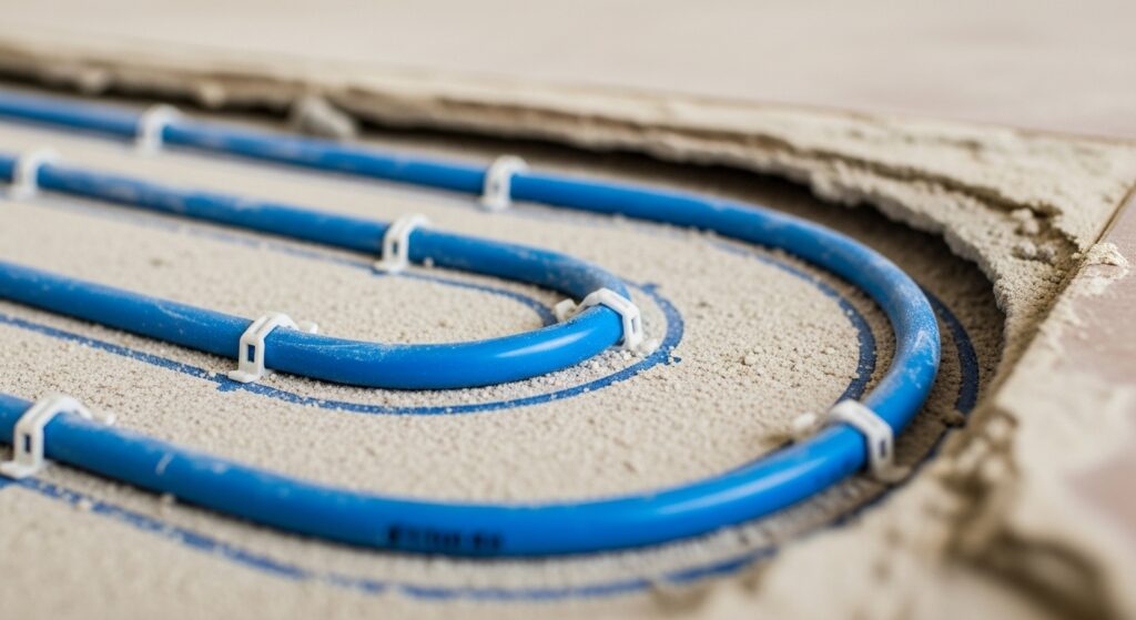 A close-up view of an exposed floor heating system beneath a removed tile.