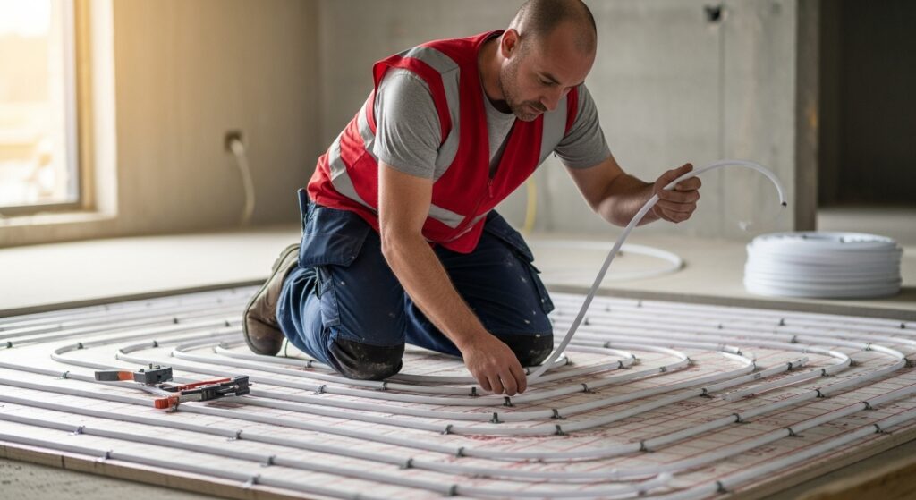 A technician fixing underfloor heating pipes