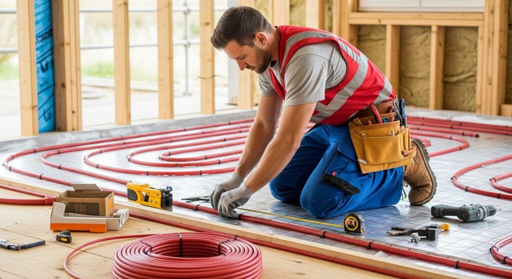 A man laying out underfloor heating pipes