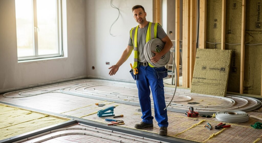 An underfloor heating technician standing showing the work